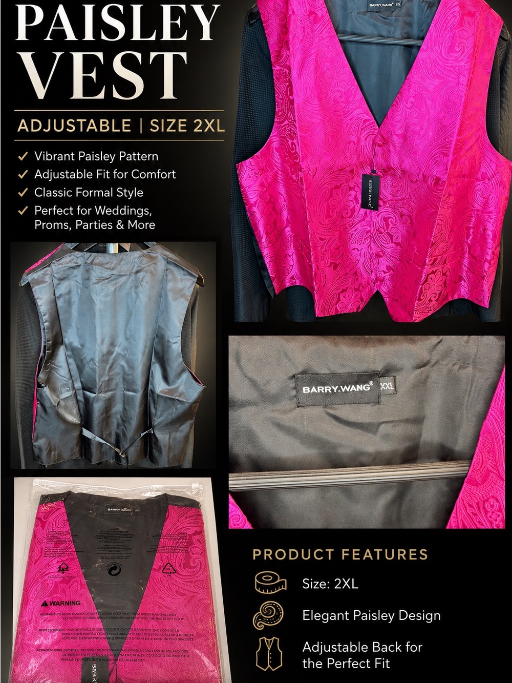 Barry Wang 2XL Hot Pink Paisley Adjustable Vest